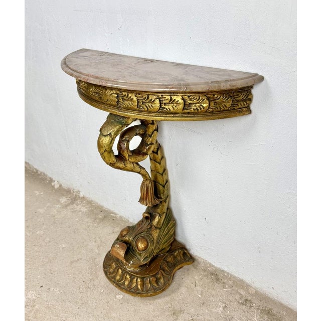 Italian Giltwood Demi-Lune Table with Marble Top, 1950 For Sale - Image 6 of 9