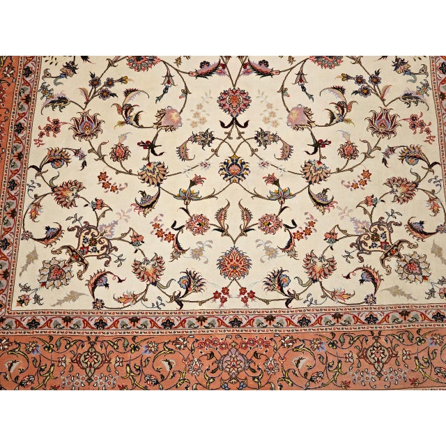 Vintage Persian Tabriz Rug, Hand-Knotted Wool & Silk, Allover Floral Pattern, Ivory & Pale Red, 7x10 For Sale - Image 15 of 18