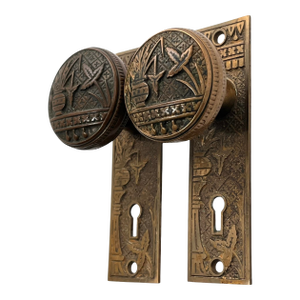 Antique American Bronze Door Knobs With Door Plates - 5 Pieces