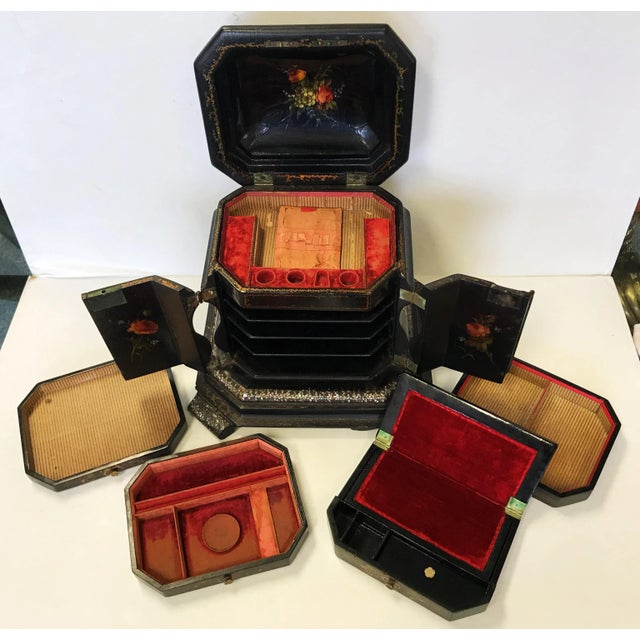 19th Century Papier Mâché Lacquered Jewelry Box Hand Painted with Inlaid With Mother-Of-Pearl For Sale - Image 9 of 13