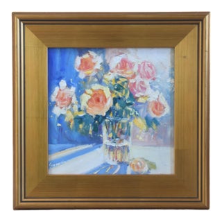 Bouquet of Pastel Roses Vase Floral Painting Including the Antiqued Gold Wood Frame For Sale