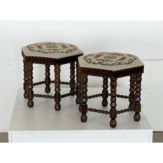 Scandinavian Modern Needlepoint Tapestry Stools with Bobbin-Turned Legs, 1950s For Sale - Image 11 of 11