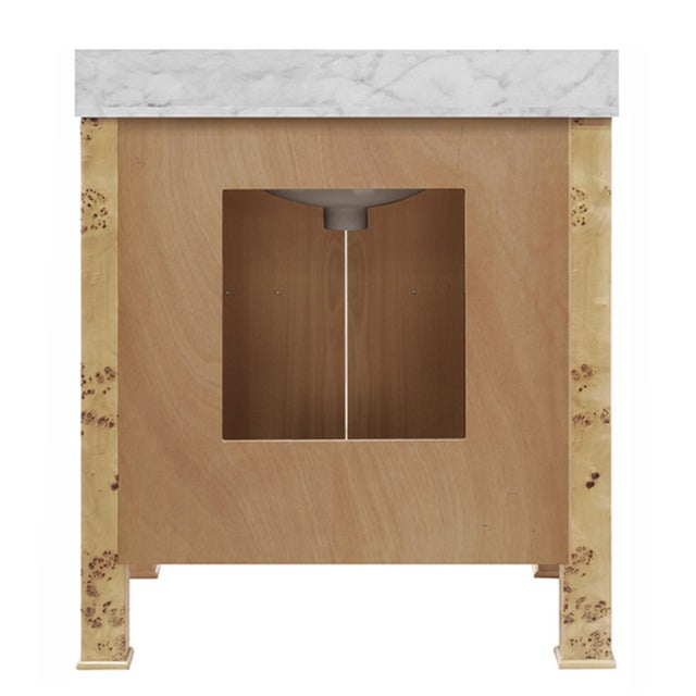 2020s Matthew Izzo Home Blanche Light Burlwood Single White Porcelain Sink Bath Vanity With Carrara Marble Top and Backsplash and Brass Hardware For Sale - Image 5 of 7