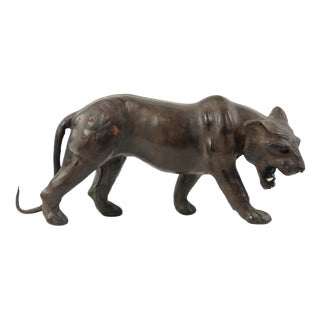 Mid-Century Leather & Papier-Mâché Panther Sculpture, 1940s For Sale