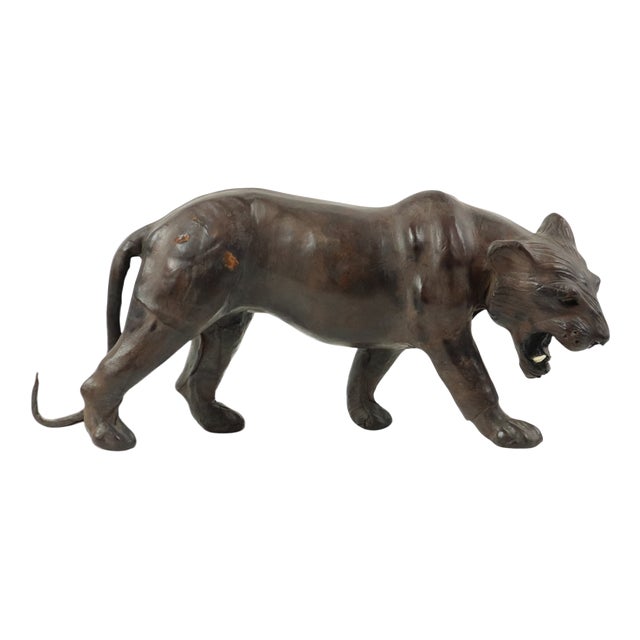 Mid-Century Leather & Papier-Mâché Panther Sculpture, 1940s For Sale