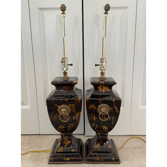 Textile Contemporary Currey & Company Crestview Tortoise Shell Ceramic Neoclassical Table Lamps - Pair For Sale - Image 7 of 17