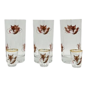 Mid 20th Century Mid-Century Fox & Riding Crop Highball Glasses & Shot Glasses- 6 Pieces