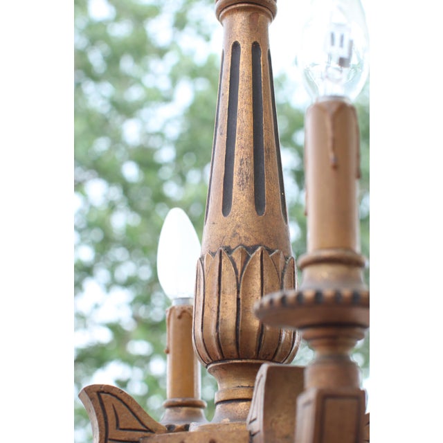 1950s French Neoclassical Five-Light Carved Wood Chandelier with Aged Gold Finish, 1950 For Sale - Image 5 of 8
