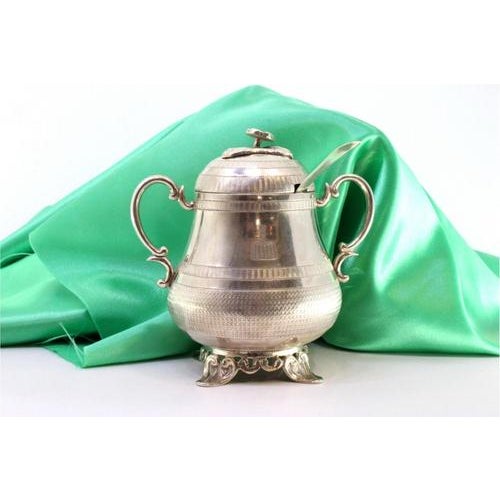 Sugar Bowl in Guilloche Silver with Spoon, Set of 2, in Very Good conditions. Designed before 1890 This piece has an...