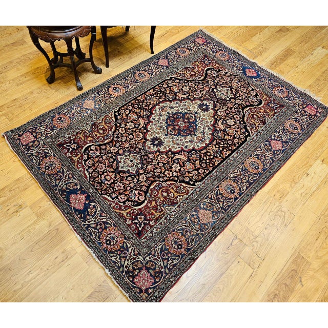 Vintage Kashan Rug, Hand-Knotted Wool, Floral Pattern, Navy & Ivory, 5x7 For Sale - Image 9 of 18
