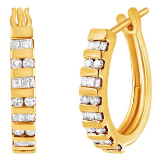10K Yellow Gold 1.0 Cttw Round and Baguette-Cut Diamond Hoop Earrings (I-J Color, I2-I3 Clarity) For Sale