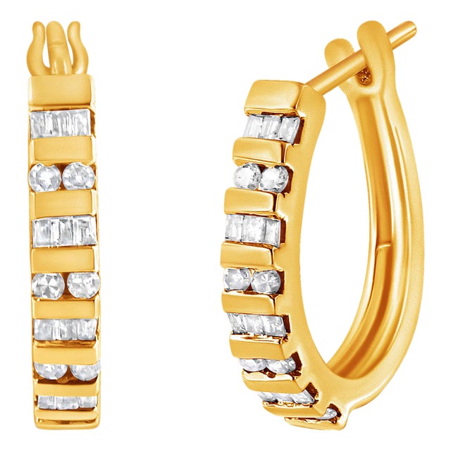 10K Yellow Gold 1.0 Cttw Round and Baguette-Cut Diamond Hoop Earrings (I-J Color, I2-I3 Clarity) For Sale