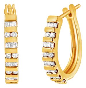 10K Yellow Gold 1.0 Cttw Round and Baguette-Cut Diamond Hoop Earrings (I-J Color, I2-I3 Clarity)
