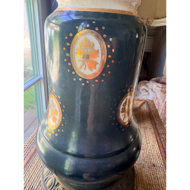 Mid 20th Century Hollywood Regency Green Ceramic and Brass Hurricane Table Lamps - a Pair For Sale - Image 4 of 14