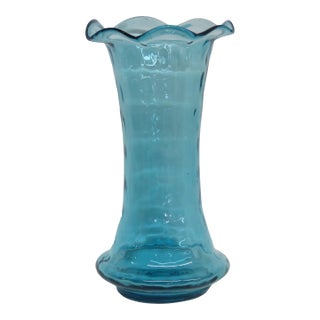 Turquoise Aqua Blue Vase Hand Blown Sculpted Art Glass With Ruffled Edge 4755b For Sale