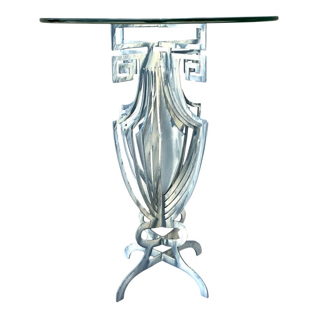 Vintage Greek Key Motif Metal and Glass Drinks Table For Sale