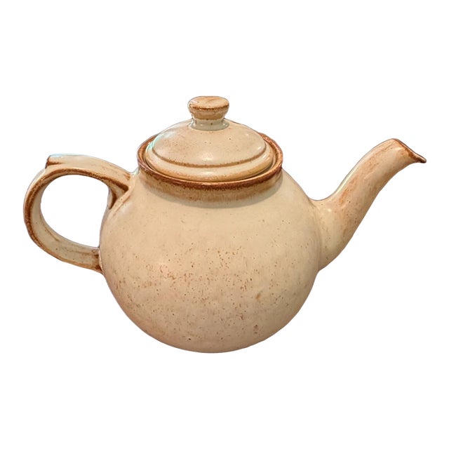 Vintage Mid Century Cream & Brown Speckled Stoneware Teapot For Sale