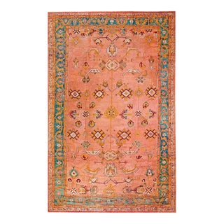 1890s Orange salmonTribal Geometric Antique Turkish Oushak Rug 12'6" X 19'6" Handknotted Wool Carpet For Sale
