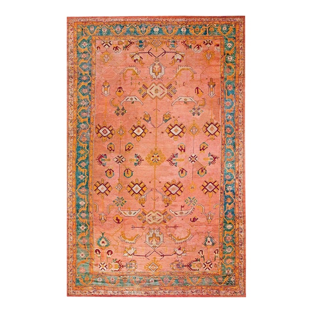 1890s Orange salmonTribal Geometric Antique Turkish Oushak Rug 12'6" X 19'6" Handknotted Wool Carpet For Sale