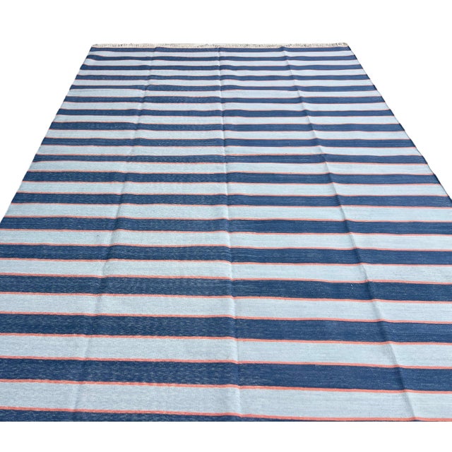 Handmade Cotton Area Rug, Vegetable Dyed, Blue and Orange Striped Dhurrie -6'x9' For Sale - Image 12 of 13