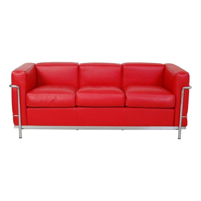 LC2 Three-Seater Sofa in Red Leather by Le Corbusier, 2010s For Sale