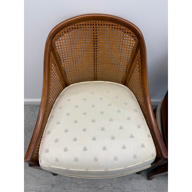 Wood Pair of Vintage Baker Furniture Walnut & Cane Barrel Lounge Chairs For Sale - Image 7 of 17