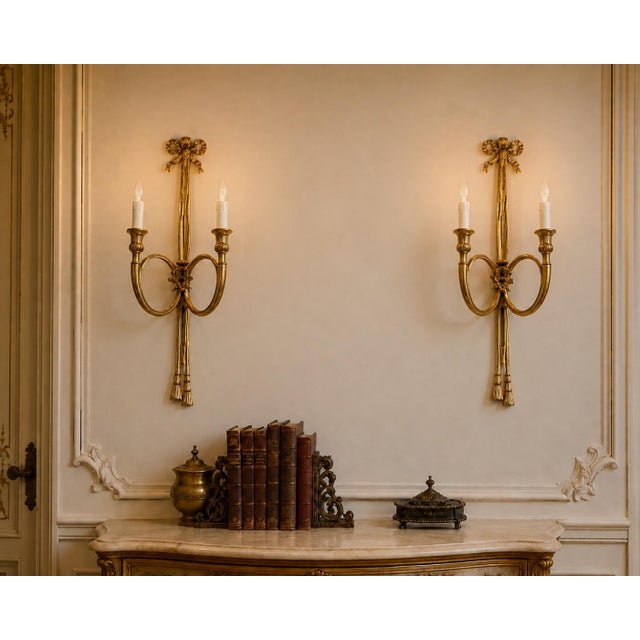 Late20C French Maker Louis XVI Gilt Bronze Sconces Wall Lamps-Pair For Sale - Image 15 of 18
