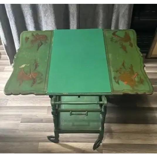 Antique 1920s Paalman Furniture Co Green Drophandle Teawagon Tea Cart W/ Asian Motif For Sale In Panama City, FL - Image 6 of 10