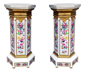 French Louis XVI Revival Porcelain Pedestal Stands, Set of 2