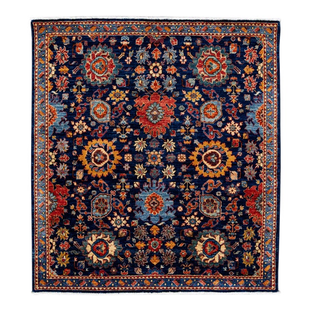 Modern Bidjar Style Handmade Floral Designed Blue Scatter Wool Rug For Sale