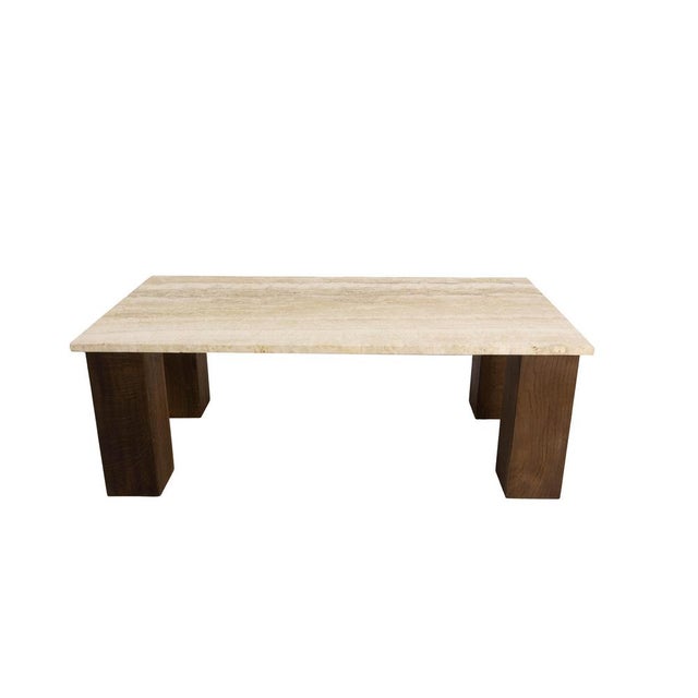 Mid-Century Modern French Travertine & Oak Coffee Table, 1960s For Sale - Image 4 of 11