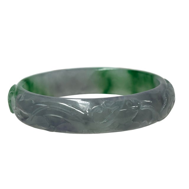 2.375" Chinese Green White Gray Relief Carving Jade Stone Bracelet Bangle For Sale In San Francisco - Image 6 of 9