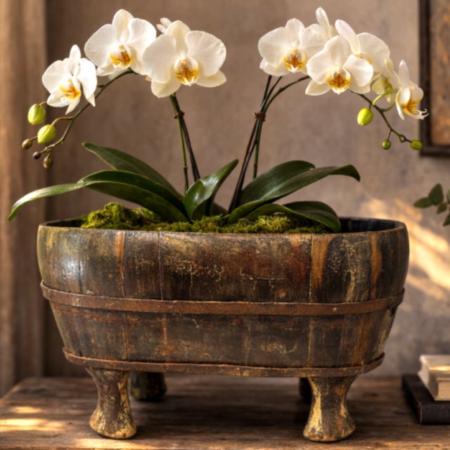 A late Qing Dynasty Chinese foot tub constructed from thick elmwood staves, bound by hand-forged iron bands and raised on...