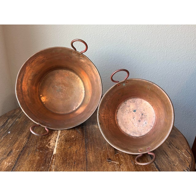 Copper Set of 2 - Antique Hammered Copper Kettle Pot, Jam Pot or Pan With Handles For Sale - Image 8 of 10