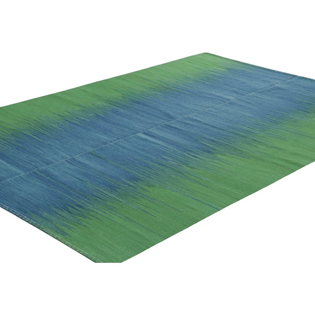 Rug & Kilim Rug & Kilim’s Contemporary Kilim in Blue and Green Stripes and Geometric Pattern For Sale - Image 4 of 7