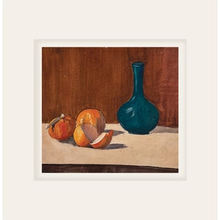 Early 1900's Antique French Still Life Gouache Painting on Paper of Fruit and Turquoise Vase, With Mat For Sale