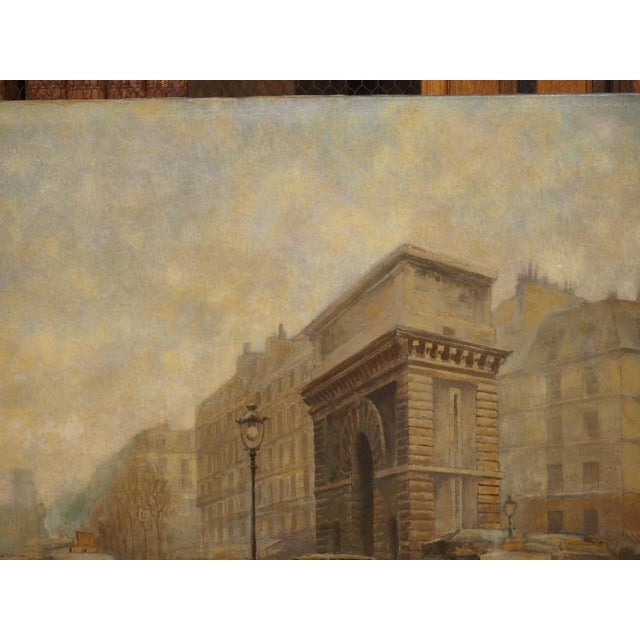 Brown Antique Parisian Street Scene Oil on Canvas Painting of Porte Saint-Martin, 1913 For Sale - Image 8 of 16