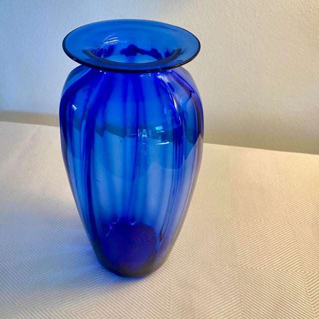 Late 20th Century Artisan Cobalt Blue Ripple Glass Vase, Signed | Chairish