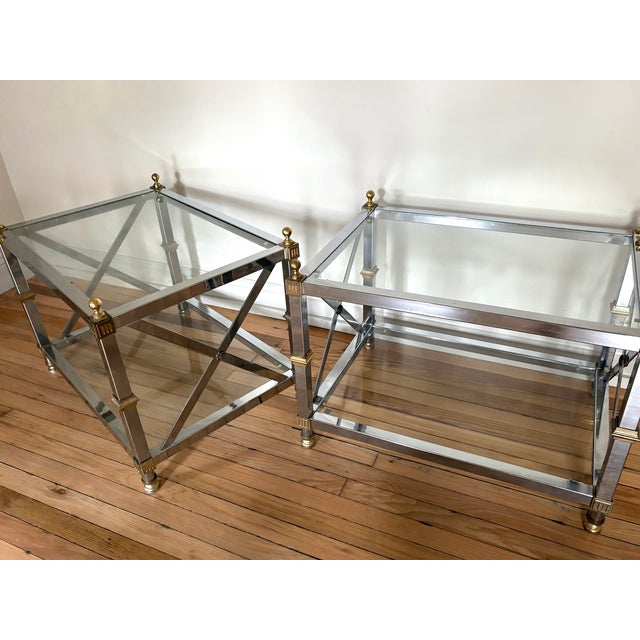 Mid-Century Modern Maison Jansen Style Chrome/Brass/Glass Side Tables For Sale - Image 3 of 5
