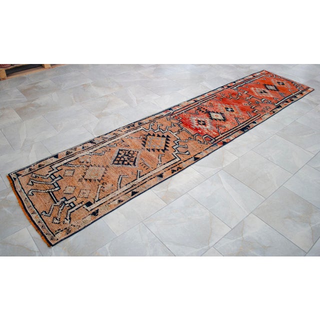 1960s Runner Kurdish Hand-Knotted Rug Hallway Decor Kitchen Floor Accent 3x12 Ft Approx For Sale - Image 15 of 16