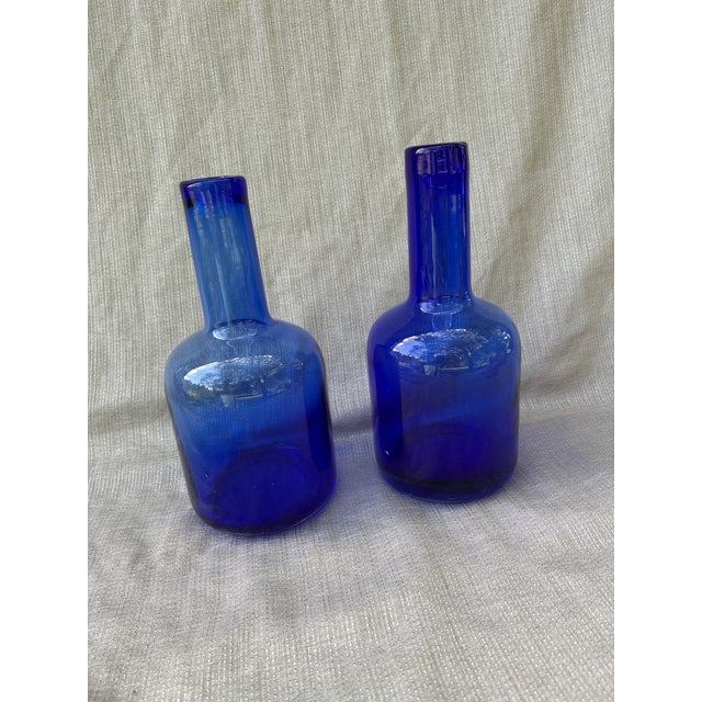 Heavy Vintage Handblown Cobalt Bottles a Pair For Sale - Image 4 of 12