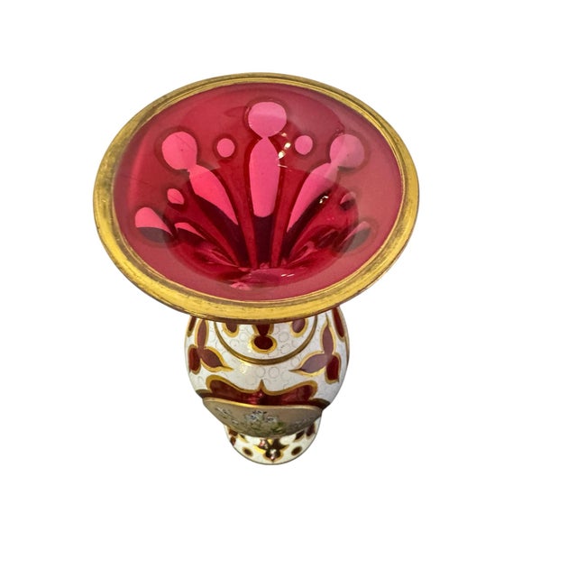 Victorian Antique Bohemian Cranberry Cut Glass Vase With Hand-Painted Enamel Flowers, Overlay, and Gilt. 12.75” Early 1900s Romantic Victorian For Sale - Image 3 of 12