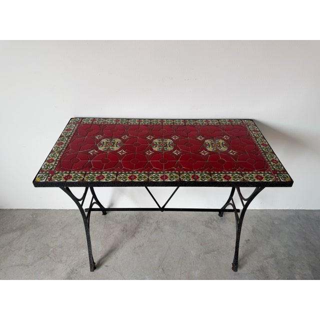 Vintage Spanish Mediterranean Style Wrought Iron & Ceramic Tile Outdoor Patio Table For Sale - Image 4 of 12