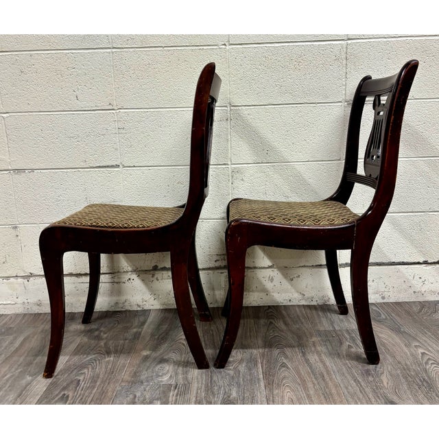 Wood Vintage Duncan Phyfe Style Harp Back Lyre Back Dining Chairs - Pair For Sale - Image 7 of 9