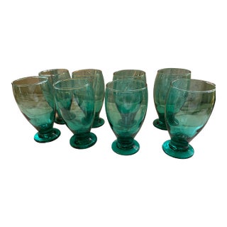 Teal Glass Water Goblets Set of 8 For Sale