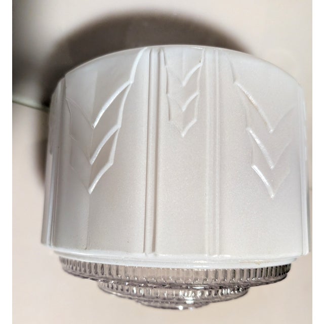 Fredrik A. Kayser 1930s Machine Age Art Deco Skyscraper Milk Glass Pendant Shade For Sale - Image 4 of 9