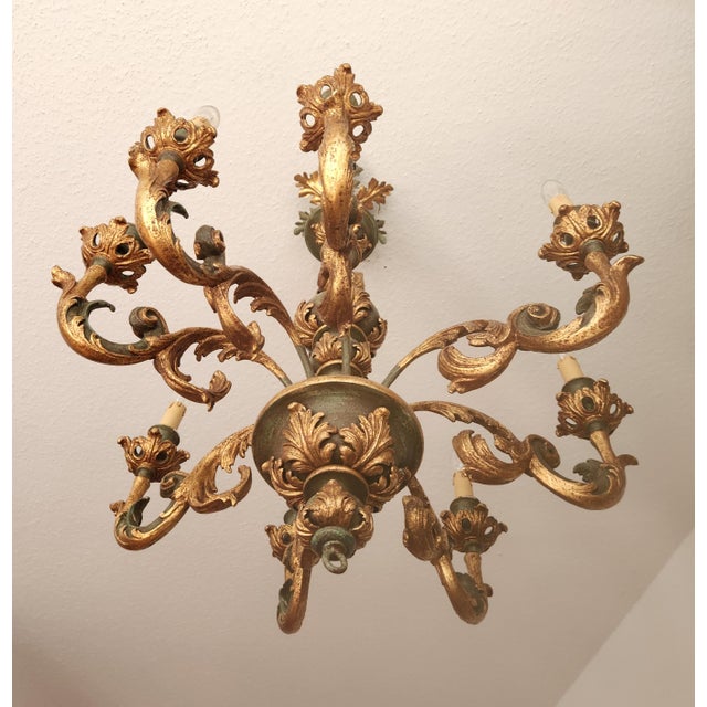 Large Vintage Louis XV Rococo Baroque Florentine Wood Carved Floral Chandelier, 1920s For Sale - Image 6 of 18