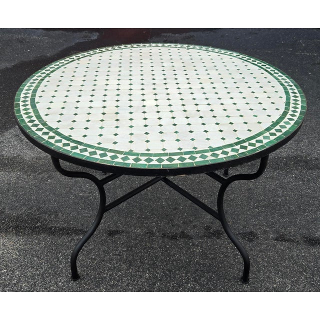 Moroccan 48" Handcrafted White and Green Moroccan Mosaic Table For Sale - Image 3 of 7
