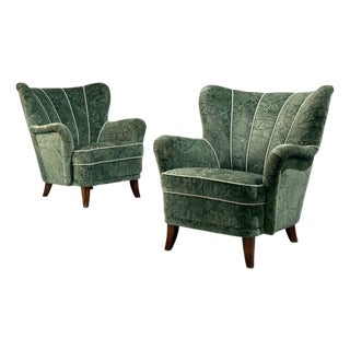 Ilmari Lappalainen, Lounge Chairs, Beech, Green Fabric, Finland, 1950s For Sale