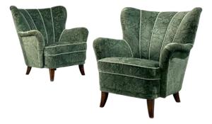 Ilmari Lappalainen, Lounge Chairs, Beech, Green Fabric, Finland, 1950s